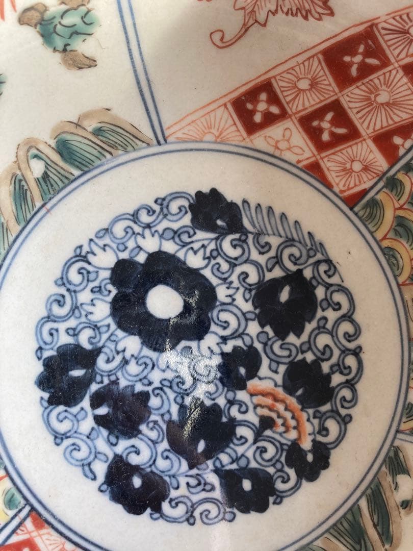 古伊万里の赤絵 鉢 直径約22cm 幕末 骨董品 龍、鳳凰 鶴等