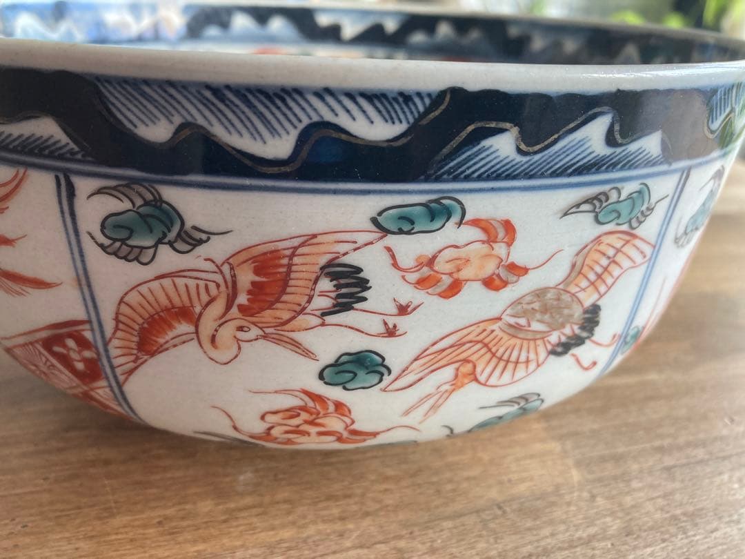 古伊万里の赤絵 鉢 直径約22cm 幕末 骨董品 龍、鳳凰 鶴等