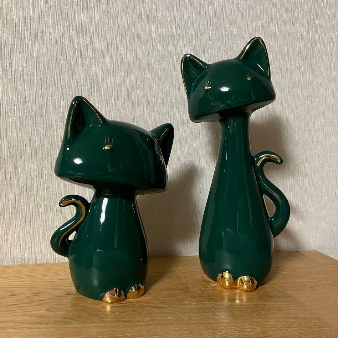 陶器製　猫　ネコ　ペア　グリーン　置物