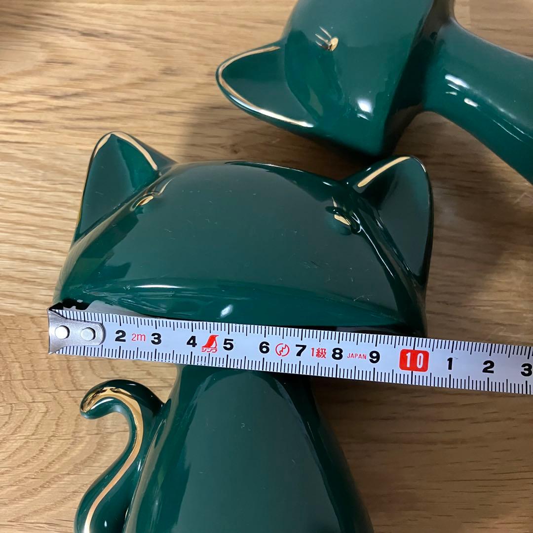 陶器製　猫　ネコ　ペア　グリーン　置物