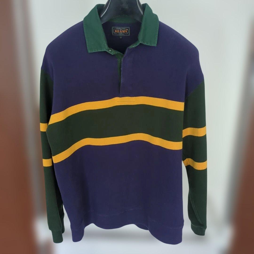 BEAMS ラガーシャツ 紫 緑 イエローボーダー やや厚手生地