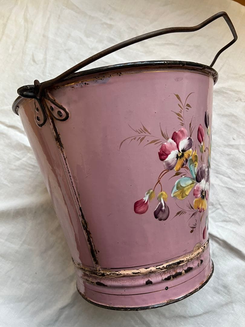 希少♡フランスアンティーク　ピンク　手描き　ホーロー　バケツ　ハンドペイント