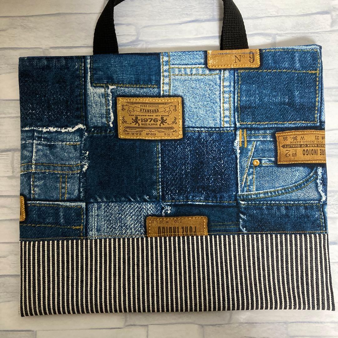 【デニム風パッチ】お道具袋　レッスンバッグ小さめ　ニコちゃん