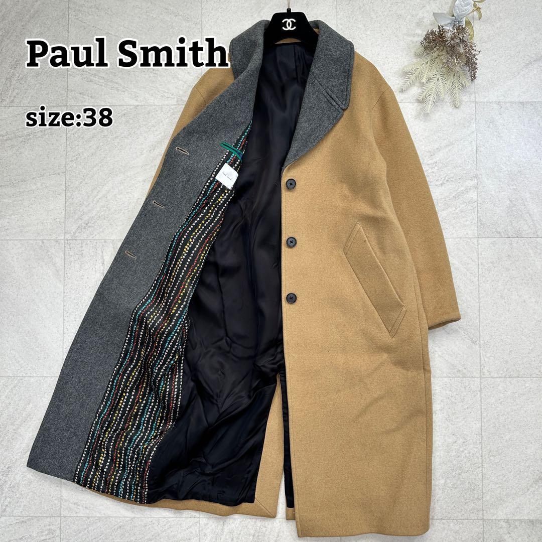 美品【ポールスミス】カシミヤ混 バイカラー チェスターコート ロング 裏地花柄