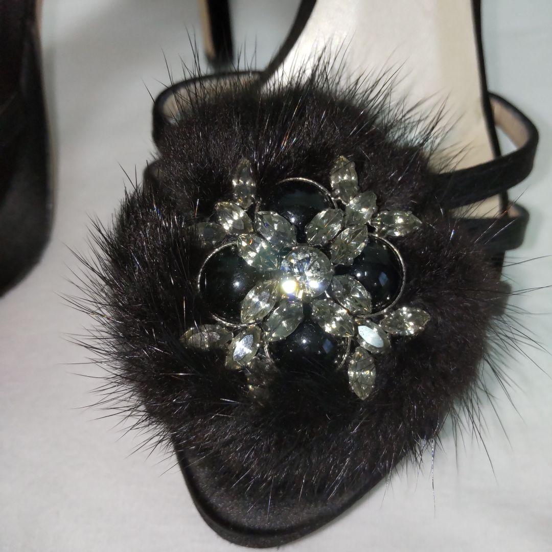 Christian Dior ハイヒール 黒 サテン ミンクファー飾り 35