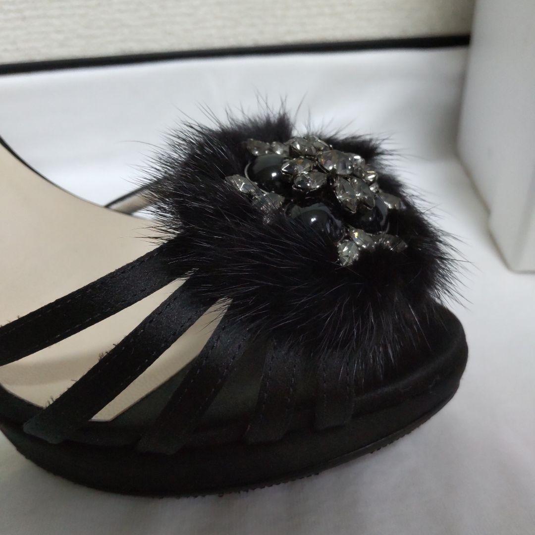 Christian Dior ハイヒール 黒 サテン ミンクファー飾り 35