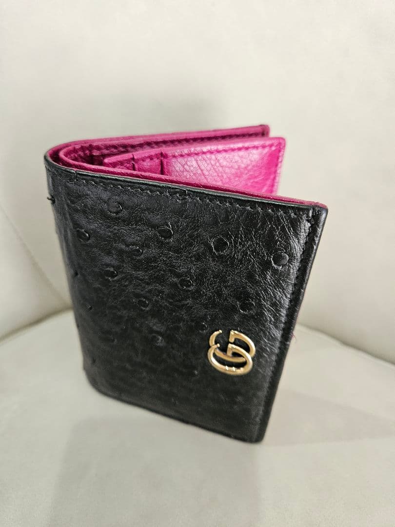 オーストリッチ　GUCCI 二つ折り財布 ブラック パープル　ggマーモント