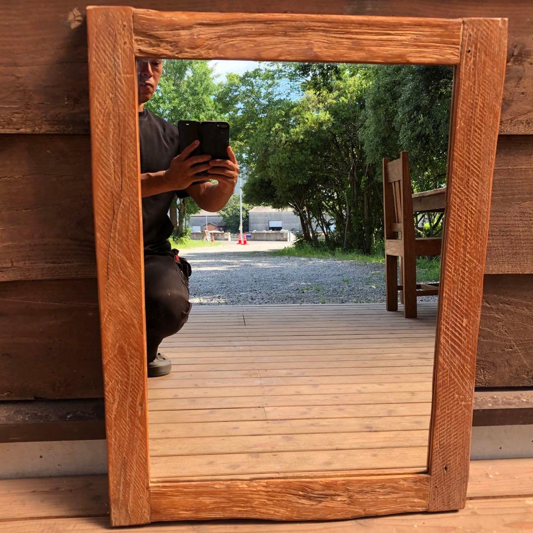 オールドチーク材の壁掛け鏡 80cm&60cm 2枚セット 無垢木製フレーム