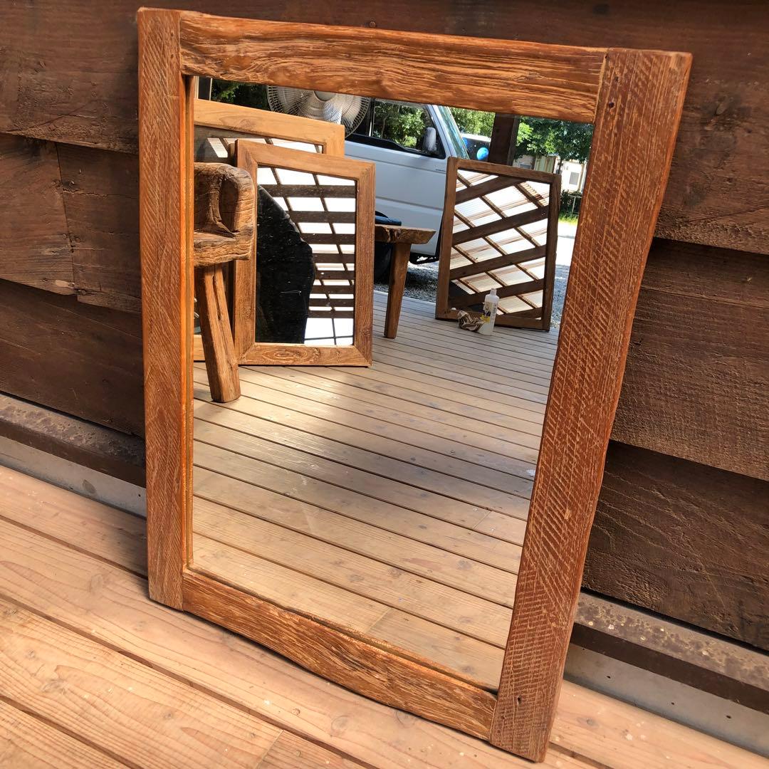 オールドチーク材の壁掛け鏡 80cm&60cm 2枚セット 無垢木製フレーム