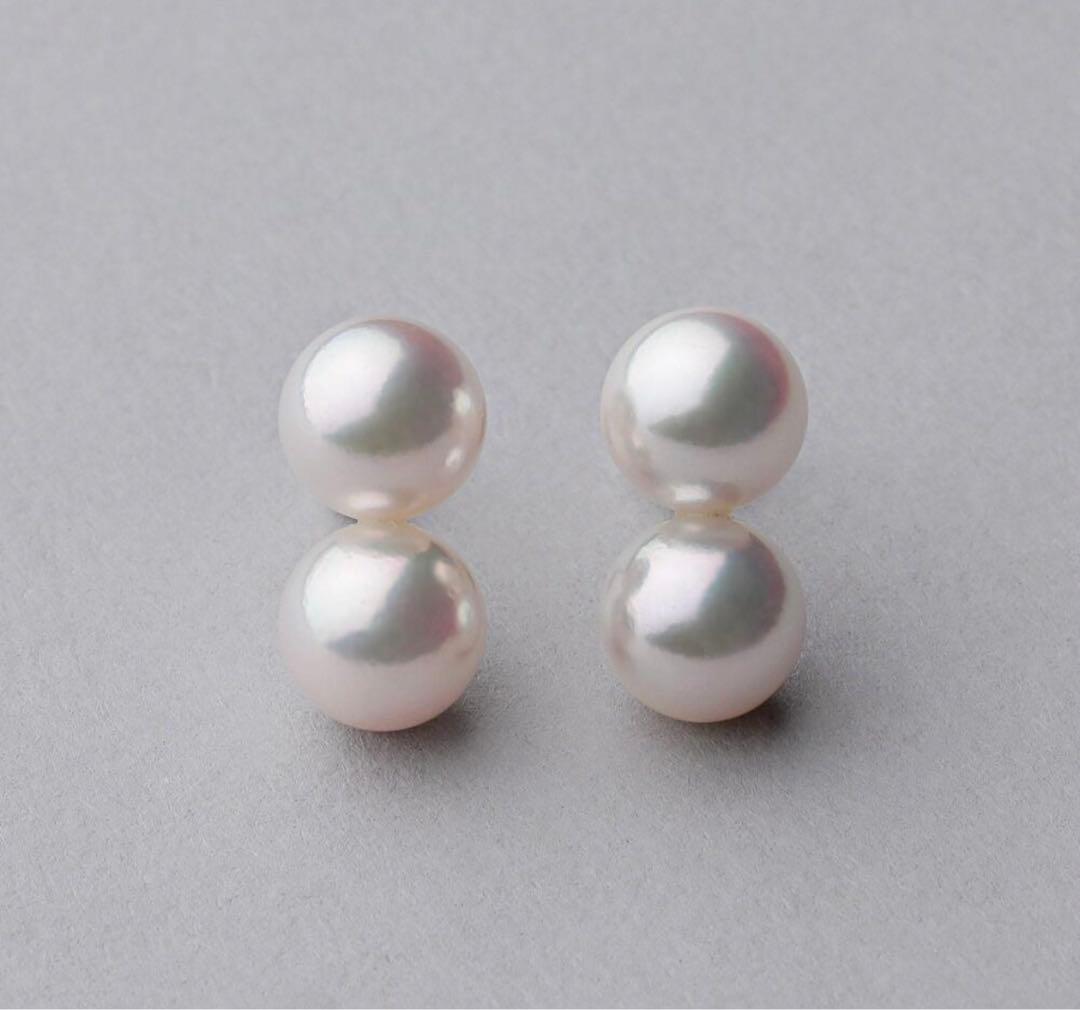 《Carina》 あこや真珠2粒ピアス7.5-8.0mm K14WGパールピアス