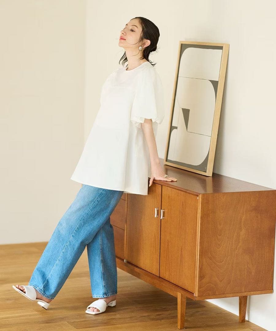 美品 ハッシュニュアンス 笹川友里さんコラボ パフスリーブ 半袖ブラウス 白 1
