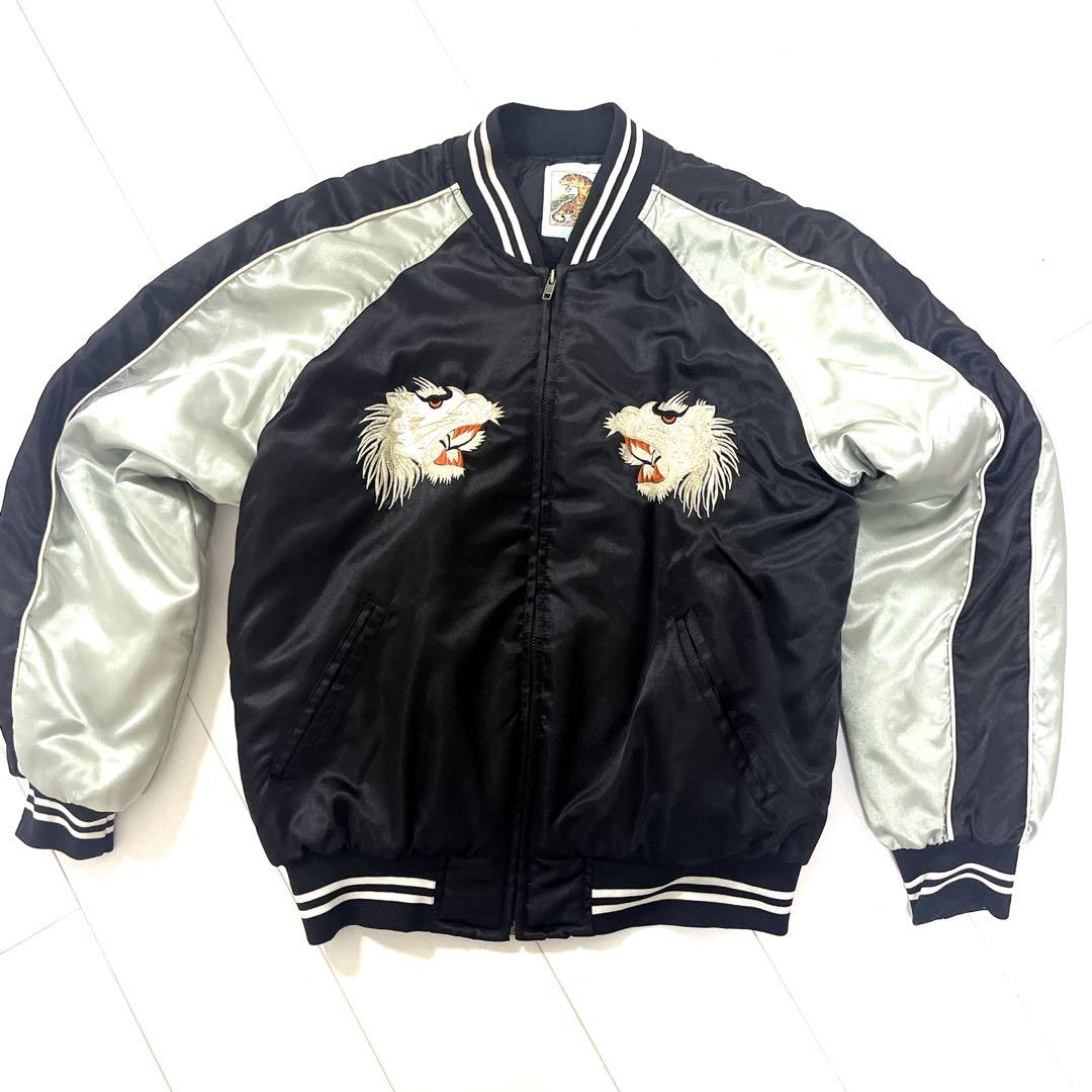 ヴィンテージ　90s 横須賀　虎　刺繍 スカジャン　白虎顔　タイガーヘッド