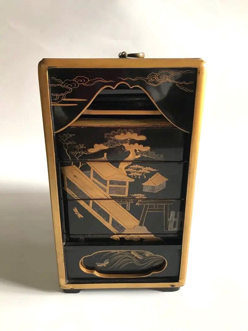 江戸 明治時代 骨董 漆器 金蒔絵　野弁当　重箱 風景花絵　黒塗内朱　天然木