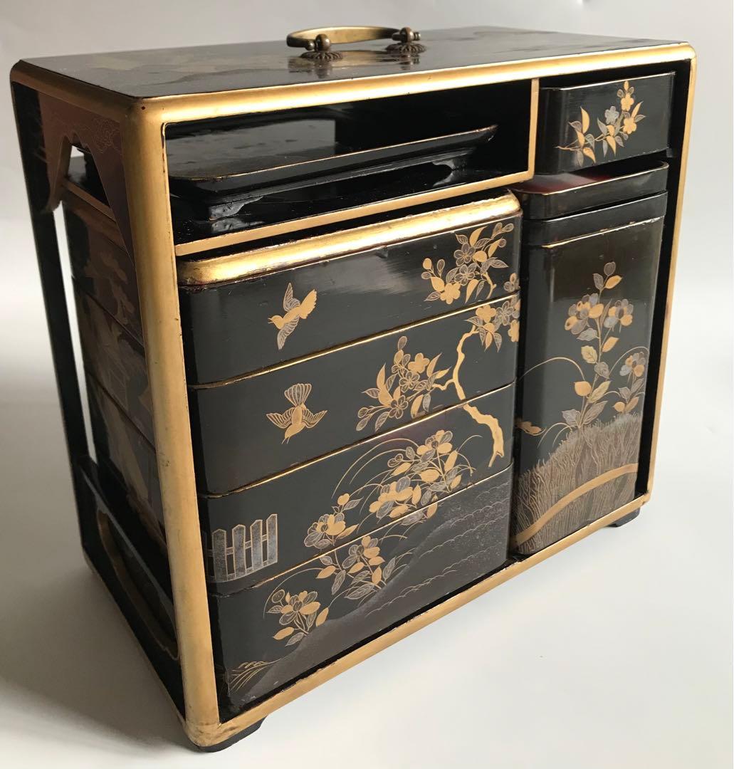 江戸 明治時代 骨董 漆器 金蒔絵　野弁当　重箱 風景花絵　黒塗内朱　天然木