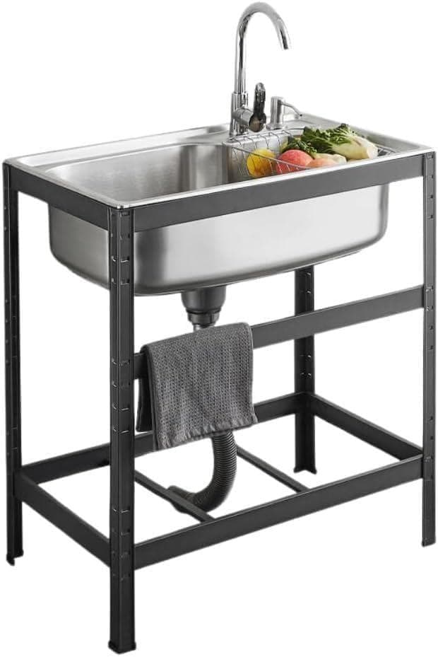 長さ60×幅45×高さ75cm ステンレス製 ガーデンシンク 水切りラック付き