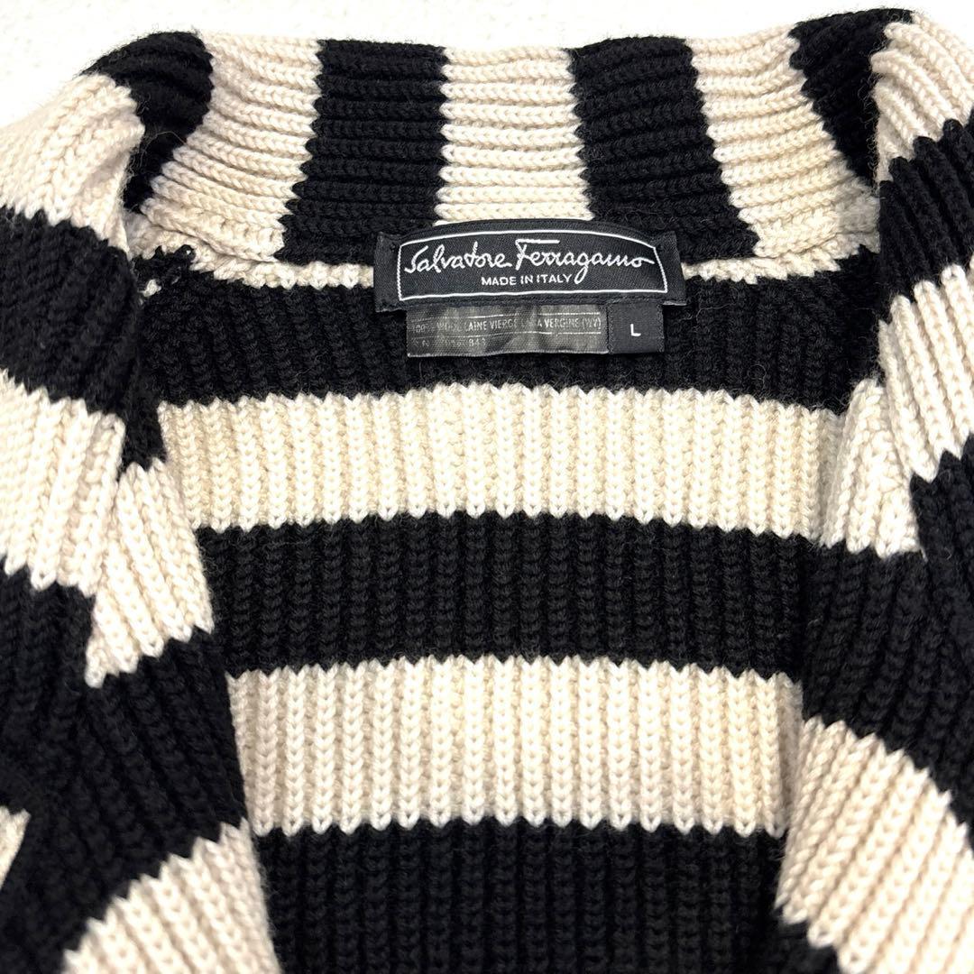 【美品/L】フェラガモ　ボーダー　ニットジャケット　ロングカーディガン　イタリア
