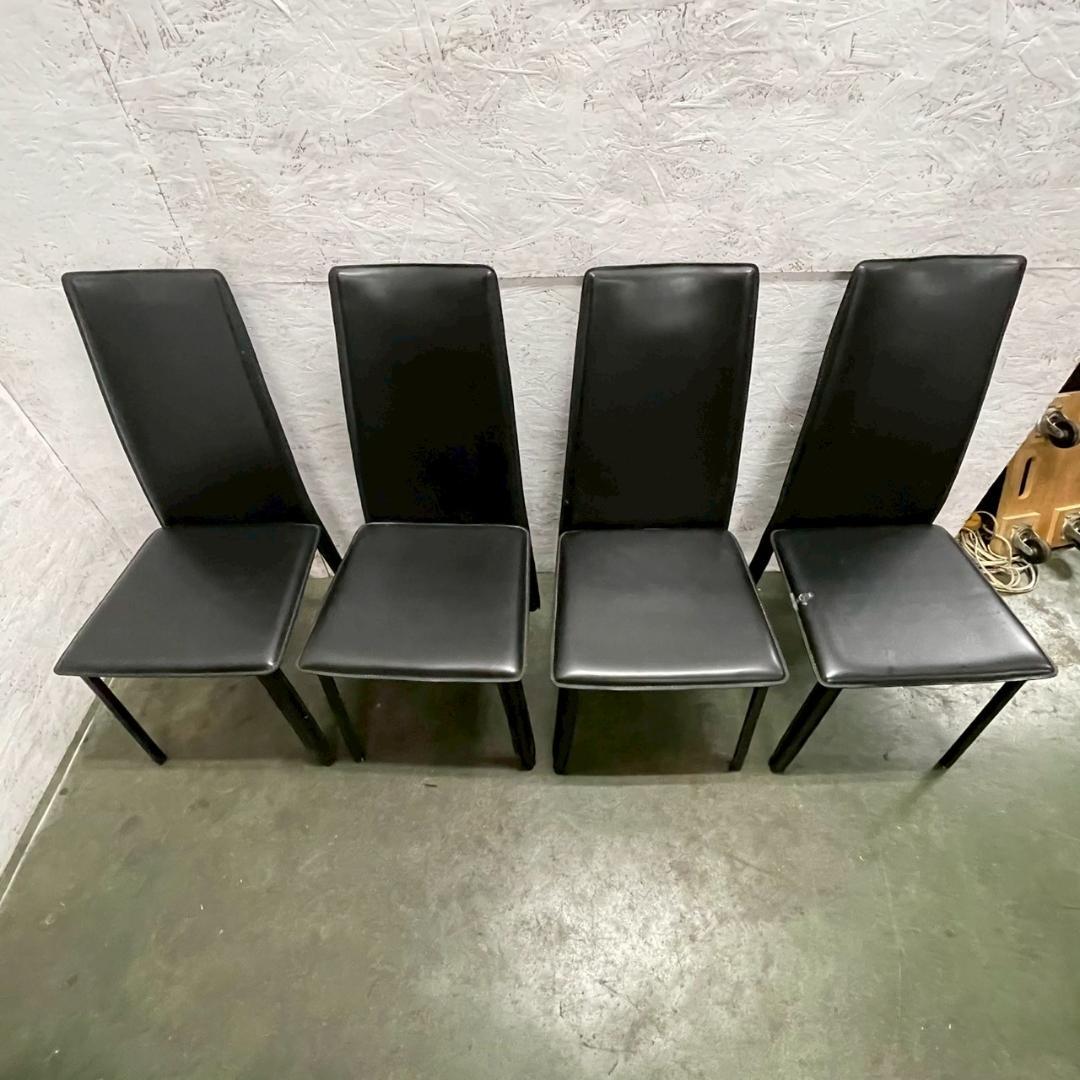 メーカー不明 合皮ブラックレザー ダイニングチェア 4脚セット Y1765