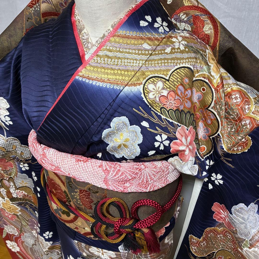 【振袖フルセット】+着付け小物フルセット豪華金彩 四季花文 流水文様 金駒刺繍