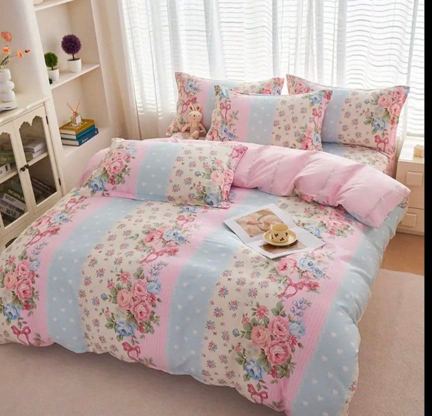 新品★薔薇ブーケと小花ストライプ綿100%シングル掛け布団カバー枕カバーセット