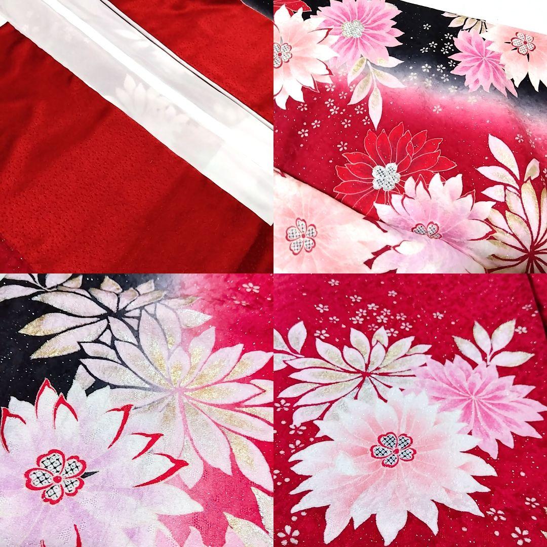 振袖 成人式 赤 袋帯 セット 黒 銀通し 縦ぼかし 裄丈67 裄67