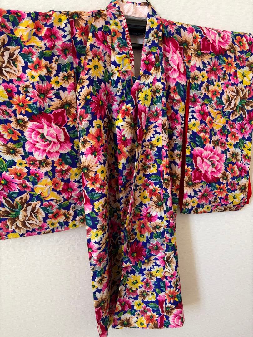 アンティーク　錦紗　子供着物　身丈92センチ　薔薇　ブルーベース