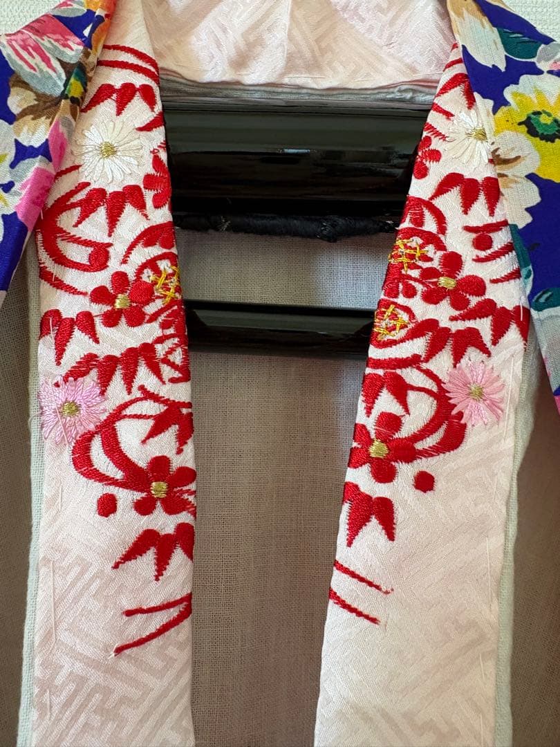 アンティーク　錦紗　子供着物　身丈92センチ　薔薇　ブルーベース