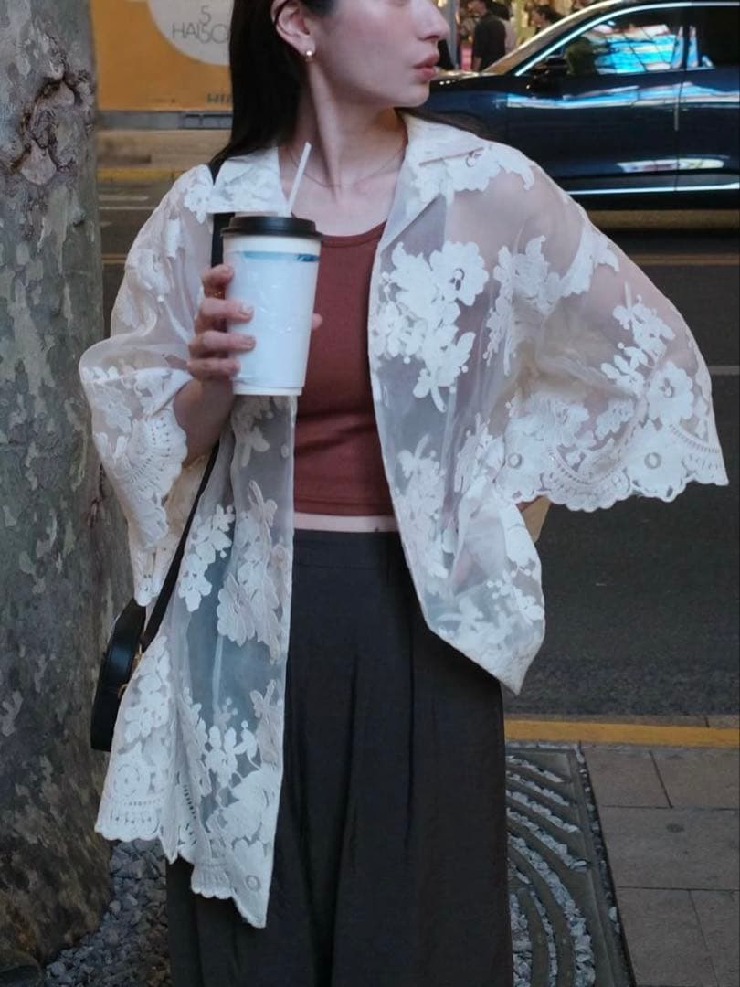 トップス CLANE SHEER FLOWER LACE SHIRT