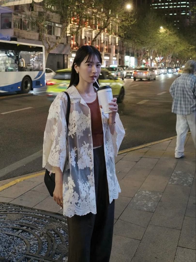 トップス CLANE SHEER FLOWER LACE SHIRT