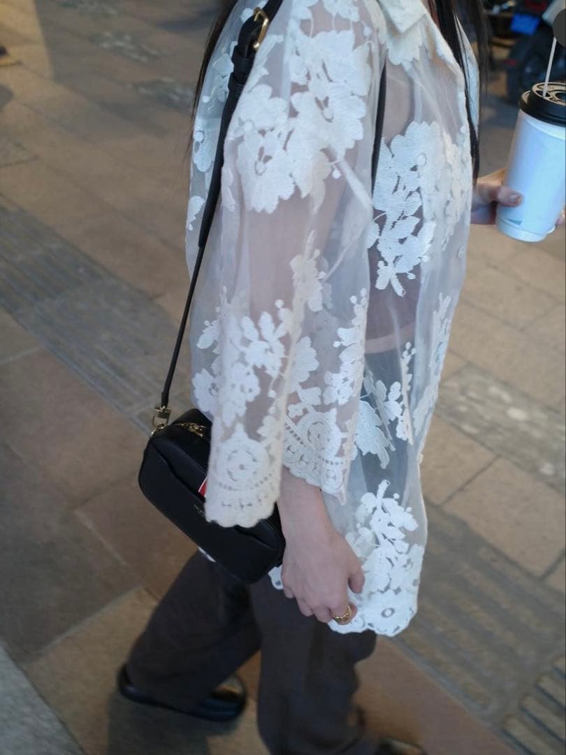 トップス CLANE SHEER FLOWER LACE SHIRT