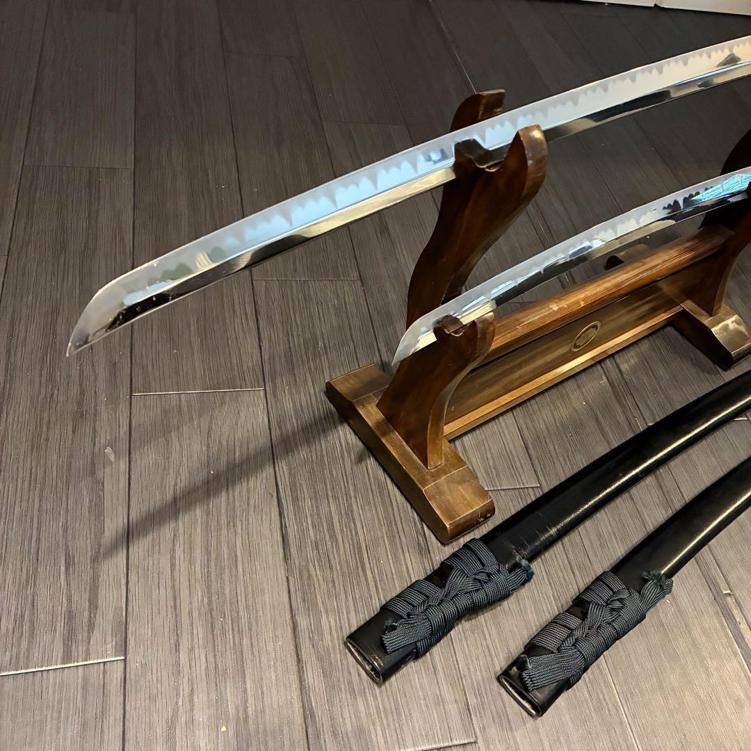 高級模造刀　金鍔　美術刀剣　太刀　脇差　大小セット　緑拵え　2本セット