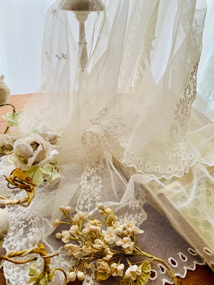 フランスアンティークチュールレースヴェール2点※ エクリュホワイトスカラップ刺繍