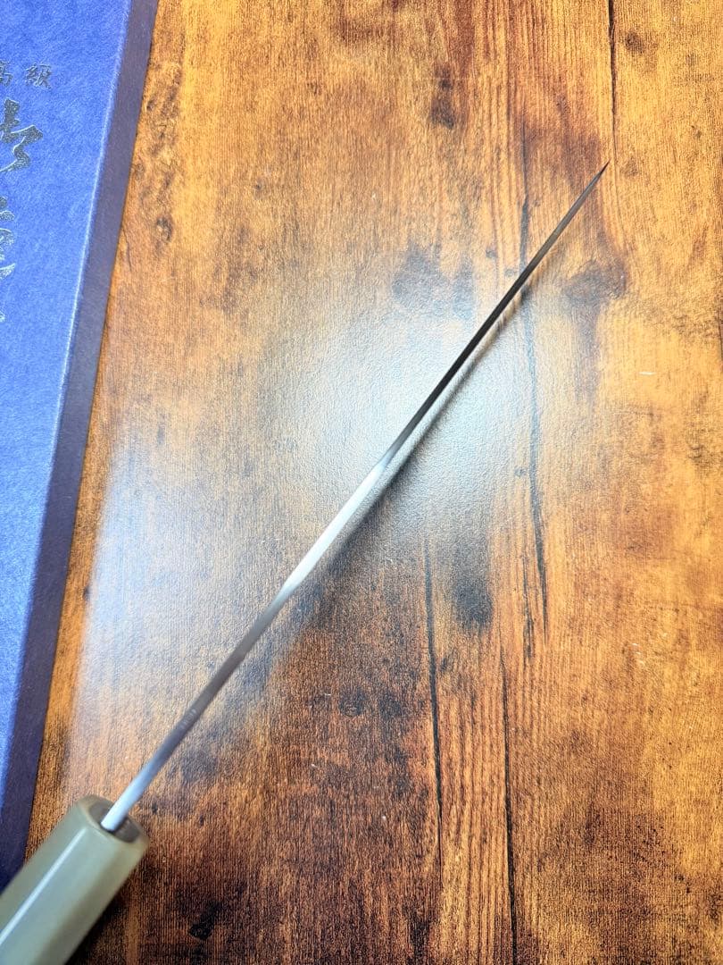 【堺打刃物】和牛刀 切付　水本焼　白一鋼 富士山　8寸　鏡面　包丁　黒檀水牛角柄