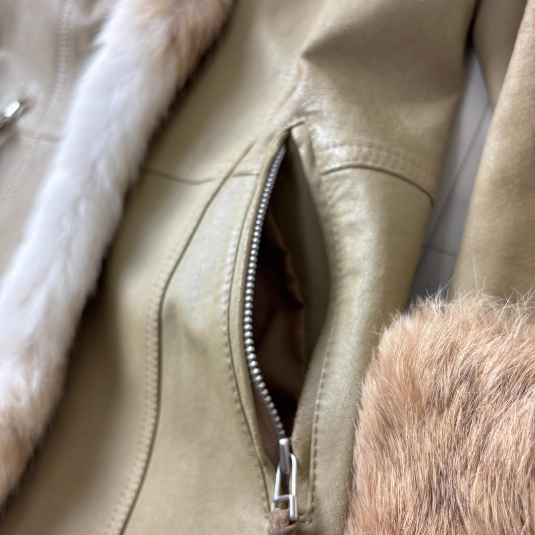 バーバリーブルーレーベル 38 レザー 本革 ファー 毛皮 ジャケット ベージュ