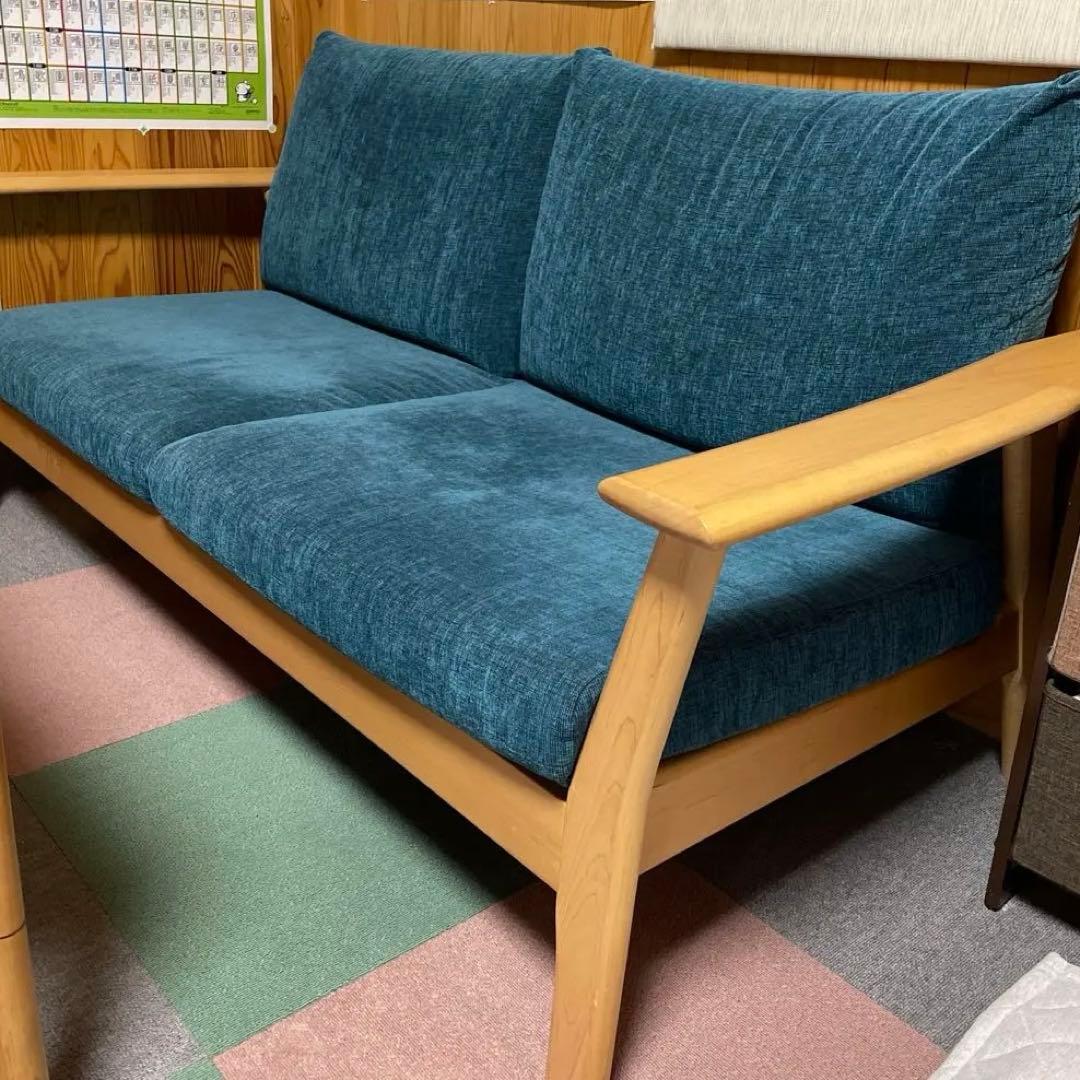 イバタインテリア　天然木ソファ【メープル】ブルー　布製 2.5人掛けソファ