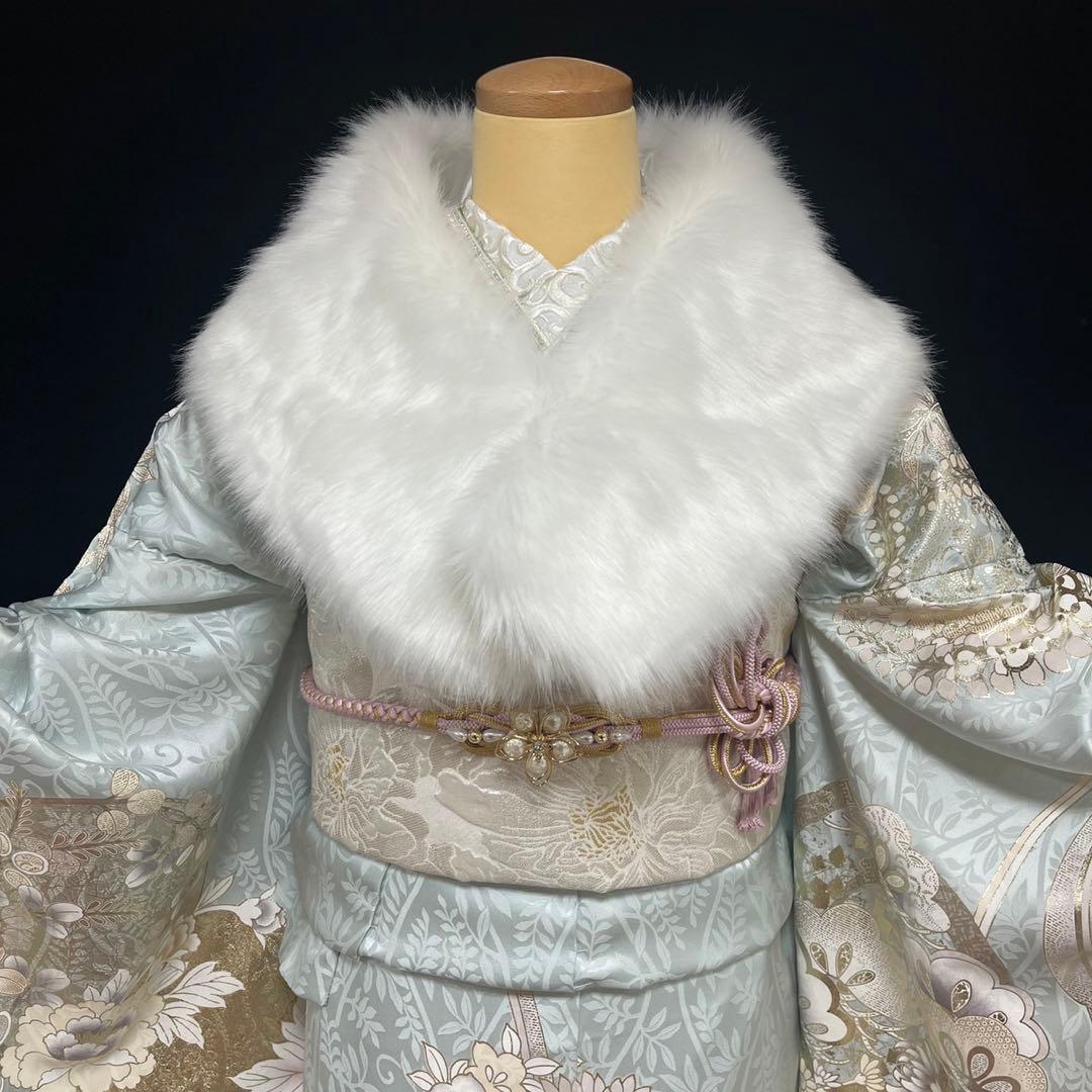 水色の牡丹や菊の上品な振袖フルセット(大きくお仕立て出来ます)