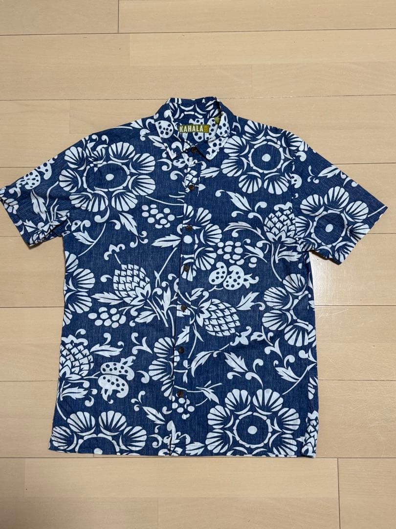 KAHALA アロハシャツ 半袖 花柄 青×白 ハワイ製