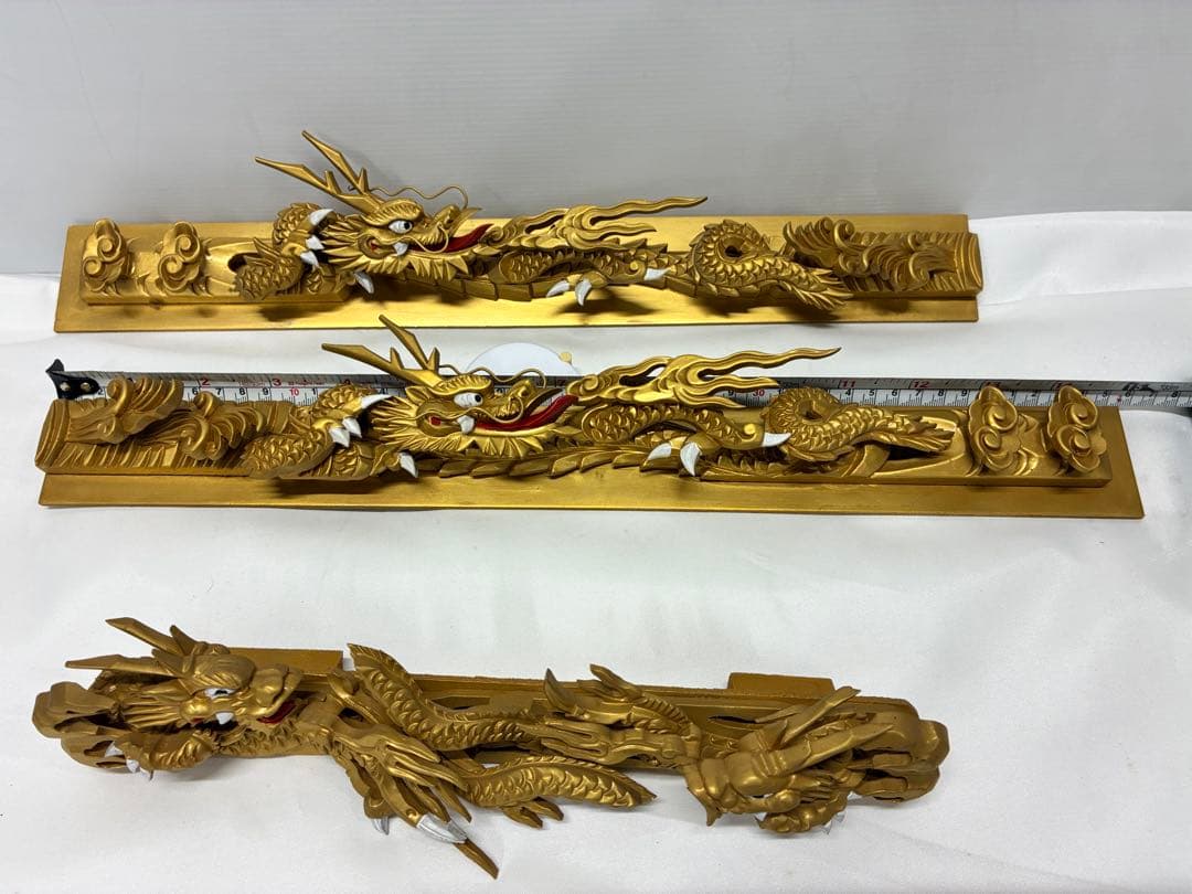 ✡*️様 木製龍彫 3点まとめて 目描き 金粉仕上げ/竜彫刻 /ドラゴン 欄間