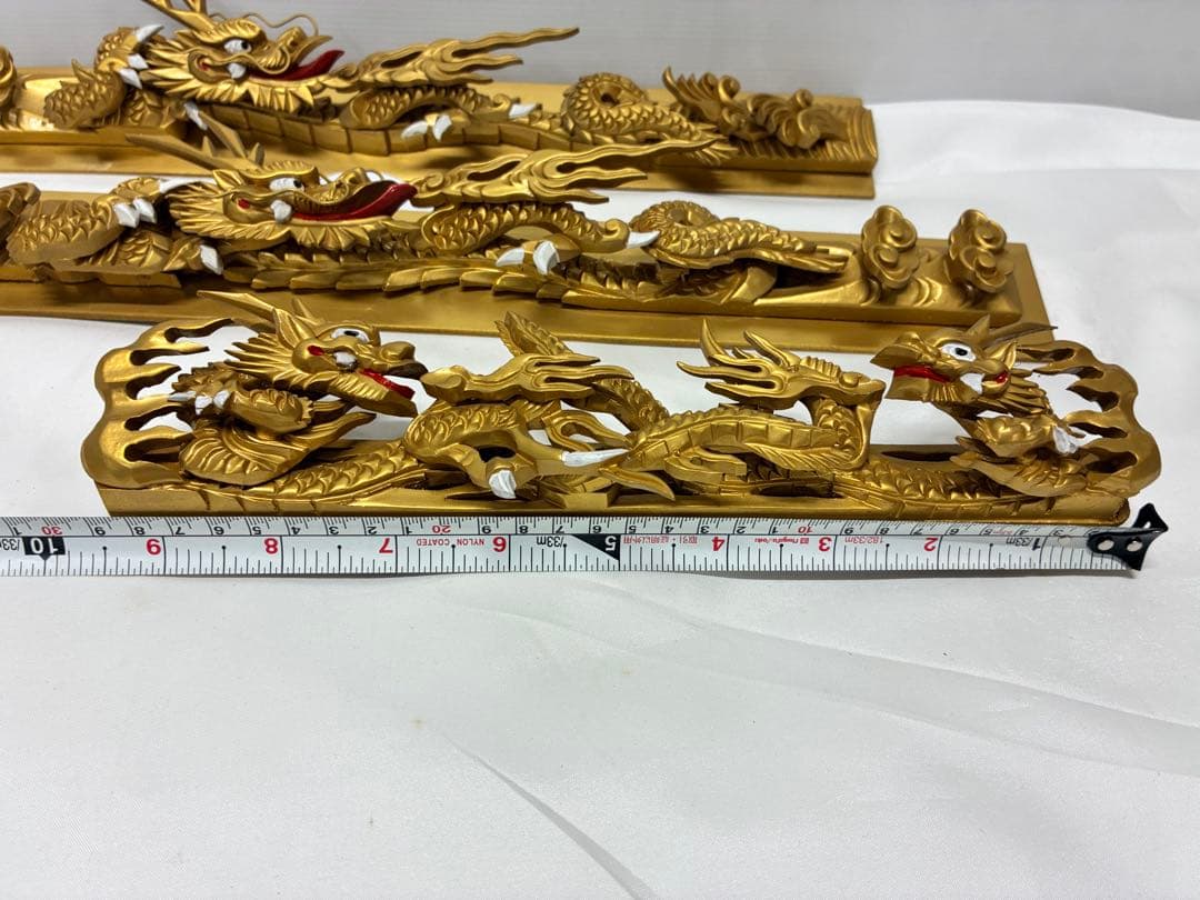 ✡*️様 木製龍彫 3点まとめて 目描き 金粉仕上げ/竜彫刻 /ドラゴン 欄間