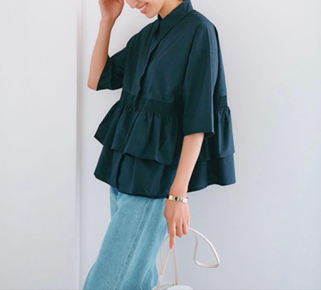 アレグレ　ネイビー ティアードデザイン ブラウス　シャーリング　VERY