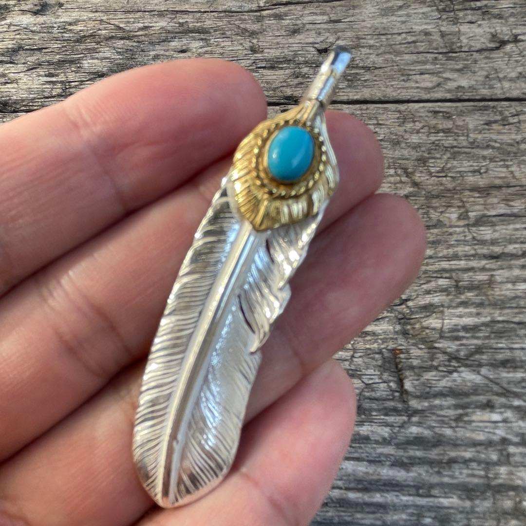 残1 上金 金縄 ターコイズ 左 フェザー ネックレス ハンドメイドノーブランド