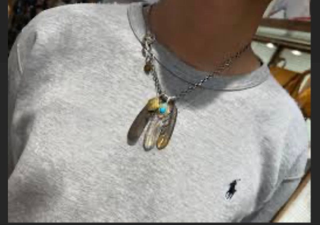 残1 上金 金縄 ターコイズ 左 フェザー ネックレス ハンドメイドノーブランド