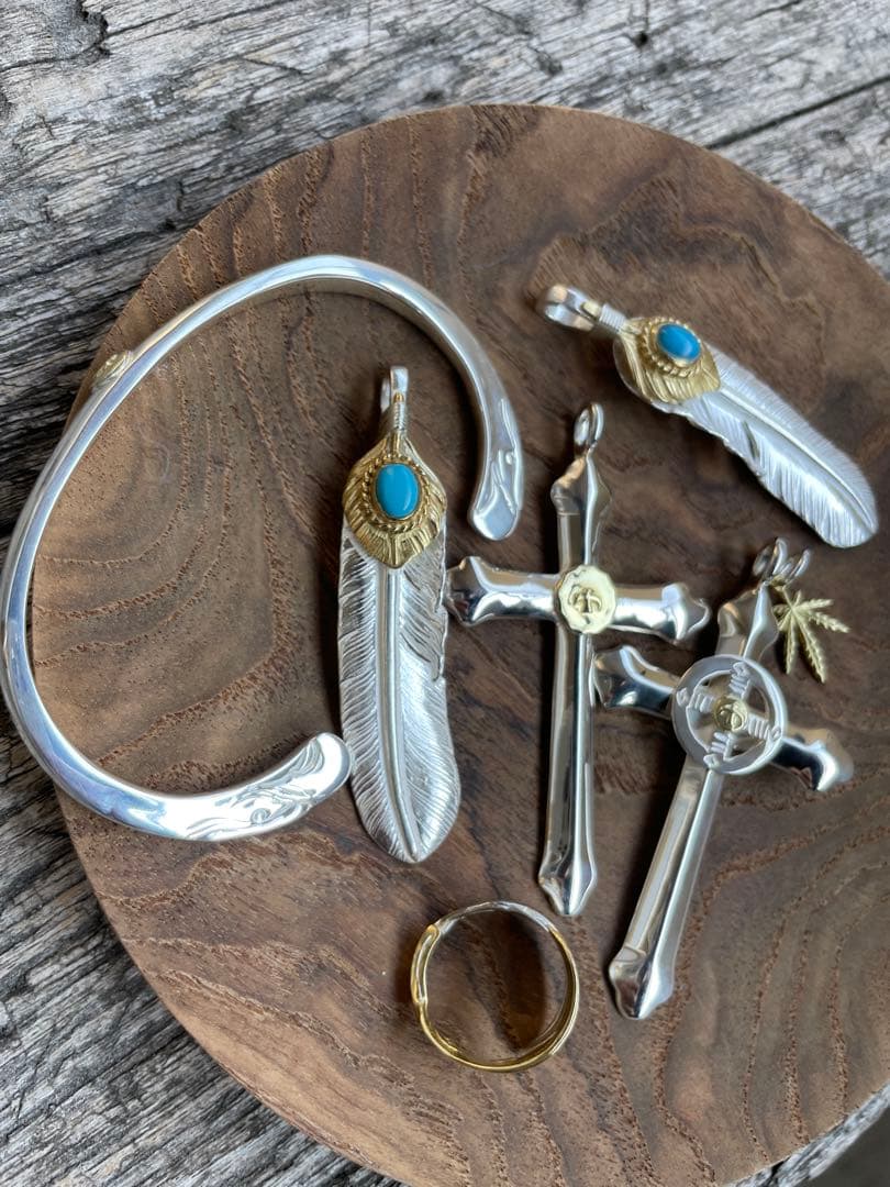 残1 上金 金縄 ターコイズ 左 フェザー ネックレス ハンドメイドノーブランド