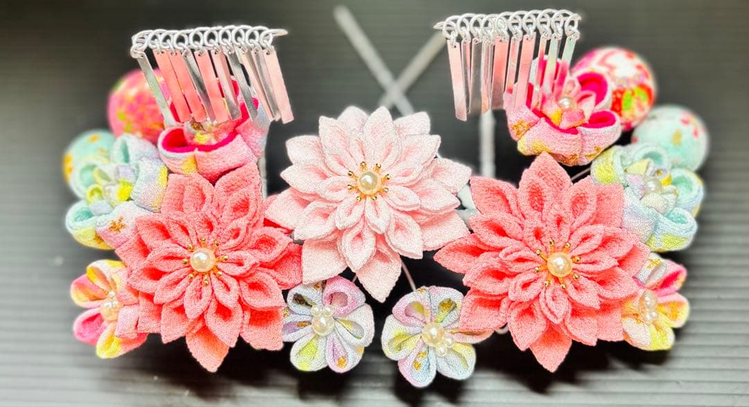 くまはちさま専用 確認用 七五三髪飾りセット 桃錦色×パールピンク 7-32