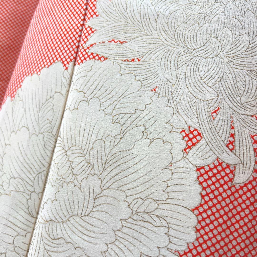 373 振袖フルセット 正絹 朱赤 橙オレンジ 金彩 手描き 小柄さん レトロ