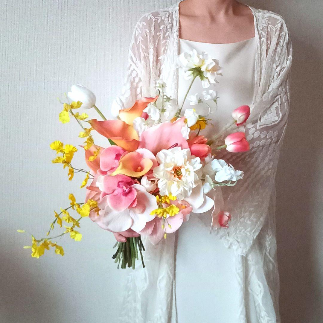 カラフルブーケ　ピンク　イエロー　胡蝶蘭　アンスリウム　ウェディングブーケ　造花