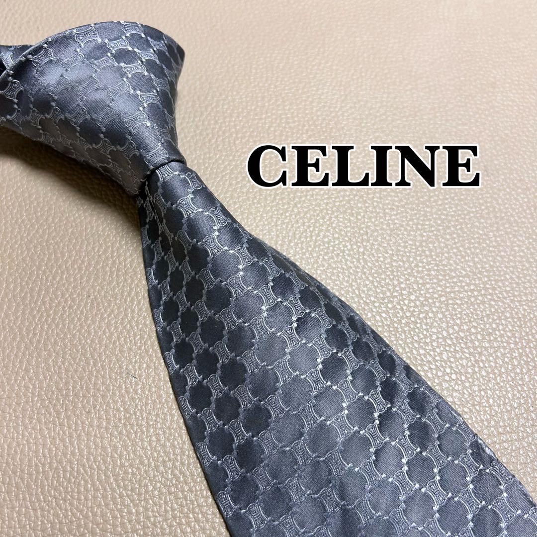 セリーヌ　ネクタイ　マカダム　トリオンフ　ストライプ ドット　チェック　グレー
