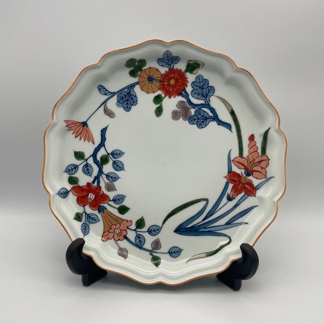 源右衛門窯 染錦草花文　大皿約25.5cm 花柄波型皿 4枚セット 箱なし