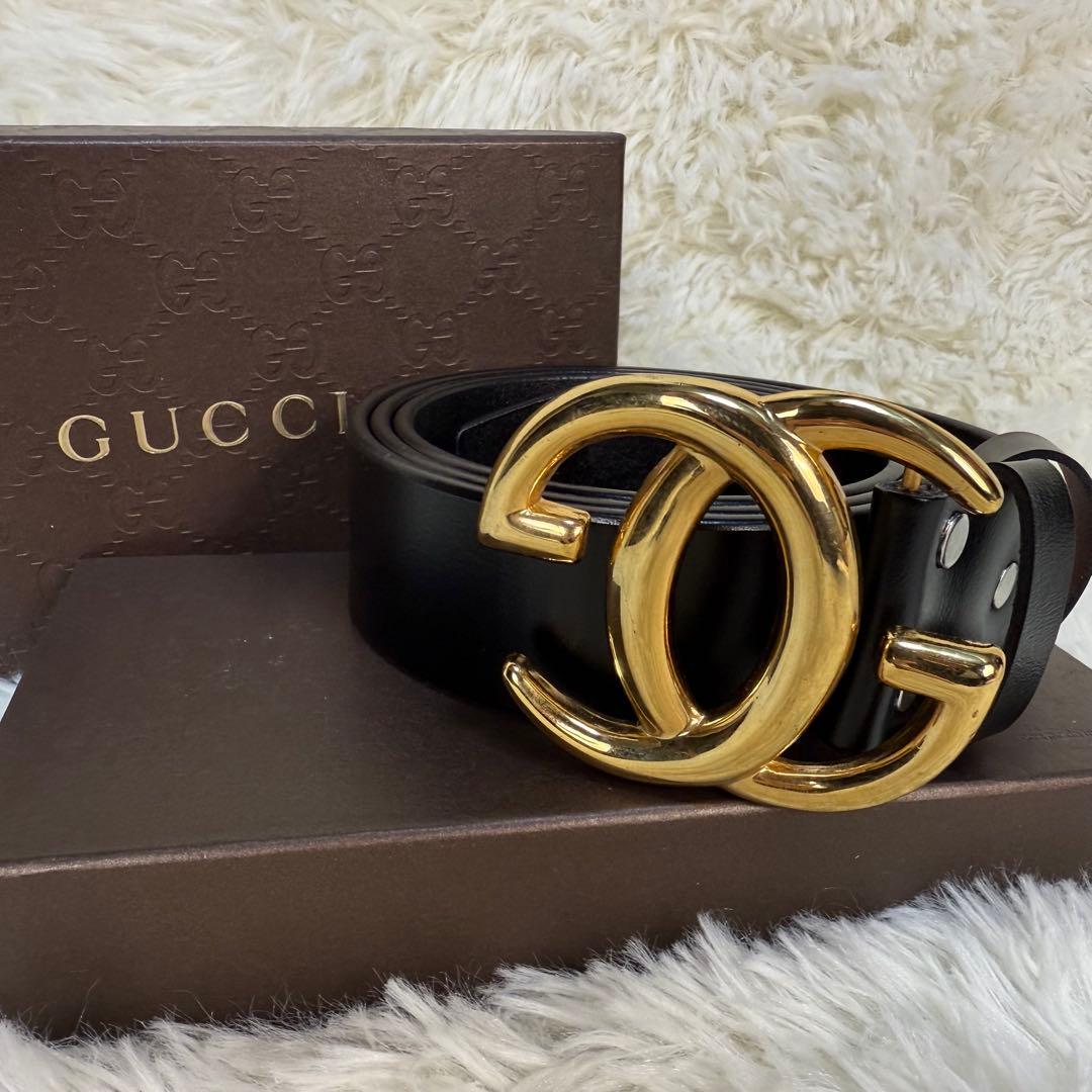 GUCCI グッチ ベルト GGロゴ ゴールド金具 黒 ビッグロゴ　刻印あり