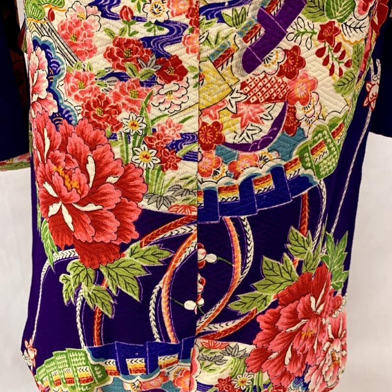 509ag41□七五三 三歳 アンティーク 女児 着物&被布 総柄 扇 花文□