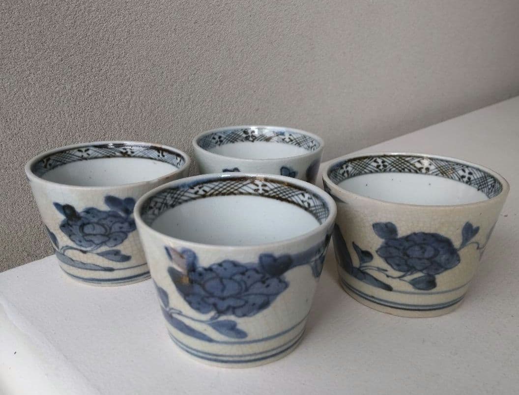 アジサイ (？) の図 蕎麦猪口 蕎麦ちょこ そば猪口 ４客 ①